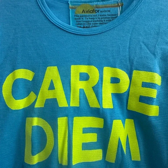 Aviator Nation Turquoise Shirt with Neon Yellow Print Carpe Diem size Large - Picture 2 of 5